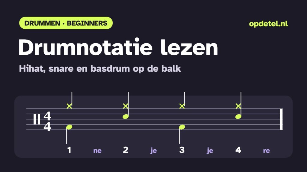 Drumnotatie lezen – drumnotatie met telling 1 ne 2 je 3 je 4 re